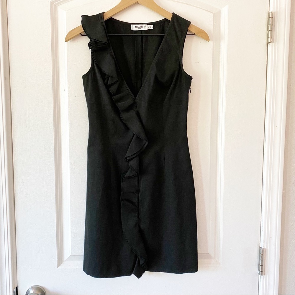 MOSCHINO JEANS Donna Black Ruffle Sleeveless Mini Dress Ribbed Textured
